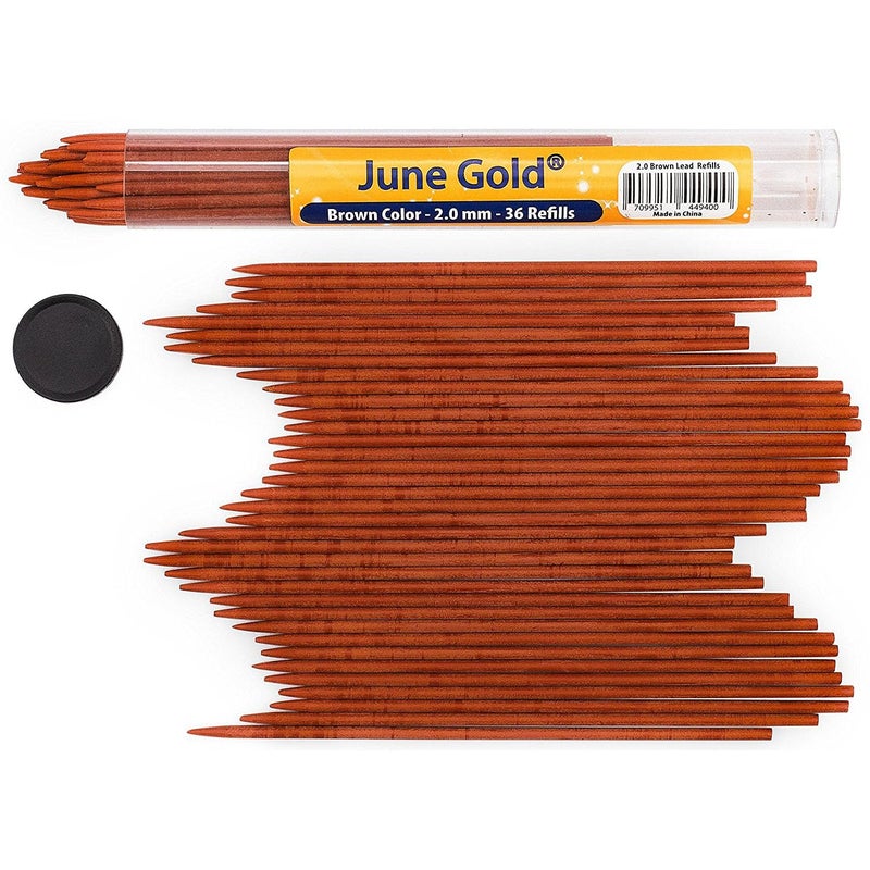 June Gold 36 Brown (Bronze #134) Colored 2.0 mm Lead Refills, Bold Thickness for Heavy Use, Break Resistant with a Convenient Dispenser - Image 1
